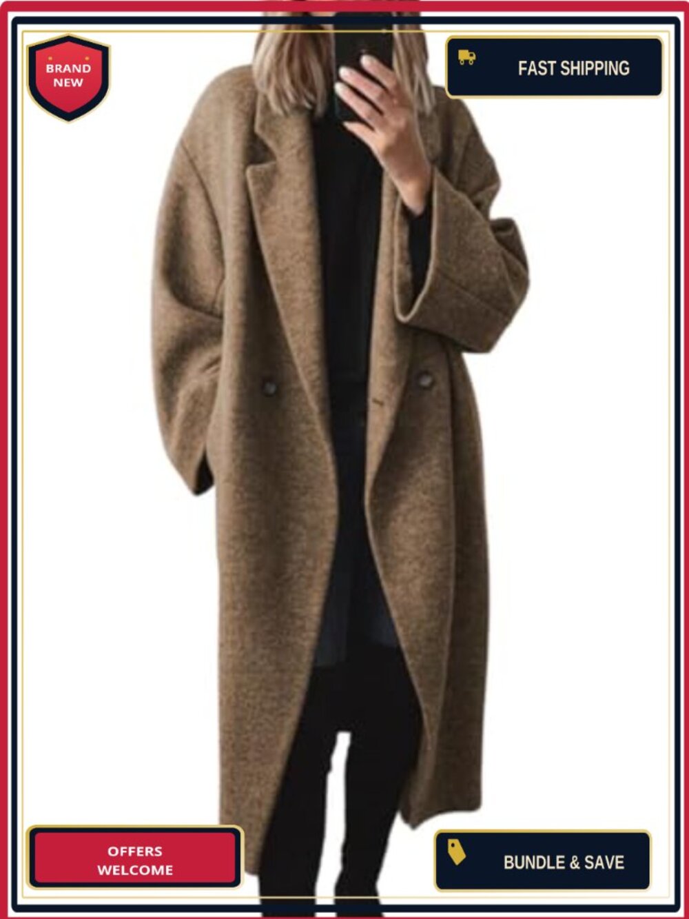 Double Breasted Wool Blend Trench Coat Notch Lapel Winter Overcoat